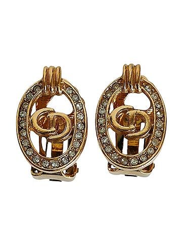 Christian Dior Christian Dior CD Rhinestone Clip Earrings, Gold Color, Women's Accessory (view 1)