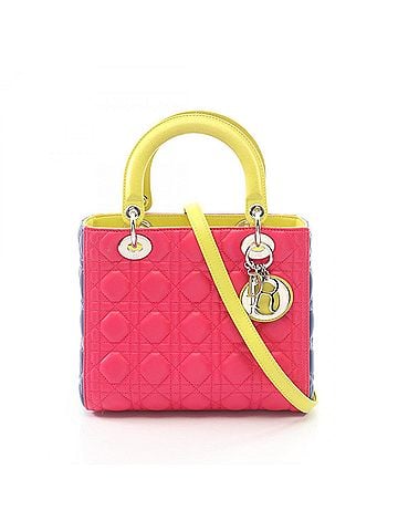 Christian Dior Christian Dior Dior LADY DIOR Cannage 2-Way Handbag, Lambskin Leather, Women's, Pink, Blue, Yellow (view 1)