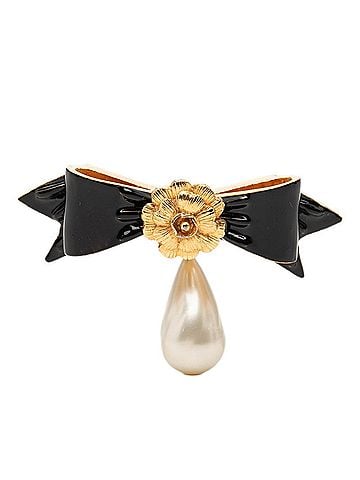 Chanel Chanel Camellia Ribbon Motif Brooch, Gold and Black Plated, Faux Pearl, Women's. (view 1)