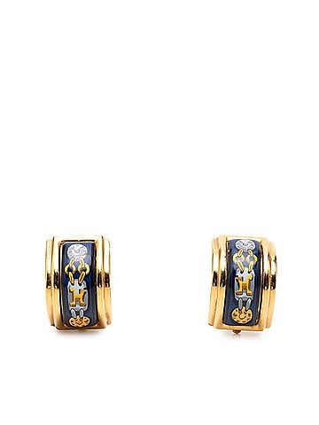 Hermès Hermes enamel chain motif earrings, gold and navy plated, for women. (view 1)