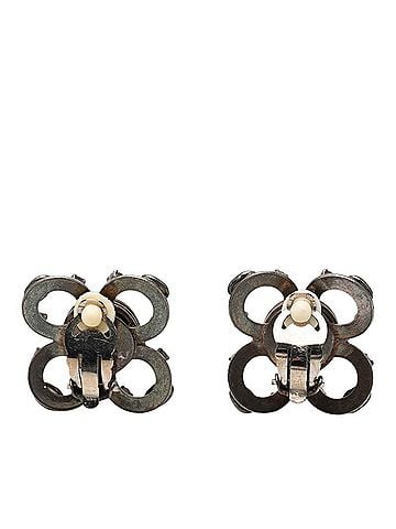 Chanel Chanel Flower Motif Earrings, Silver and Black Metal Rhinestones, Women's. (view 2)