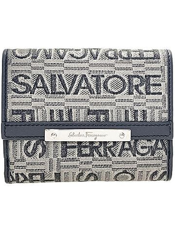 Salvatore Ferragamo Salvatore Ferragamo Wallet, Plate Design, Double Canvas and Leather, Gray, Size 22 8253, Bi-fold Compact, KAMY-16588 (view 1)