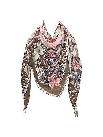Givenchy Givenchy Riccardo Tisci pink olive green wool silk rose print fringed trim scarf (view 1)