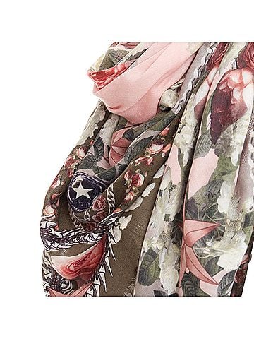 Givenchy Givenchy Riccardo Tisci pink olive green wool silk rose print fringed trim scarf (view 2)