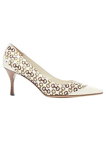 Gucci Guccin white leather trim brown horsebit bamboo print satin pump EU36 C (view 1)