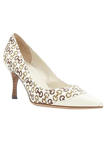 Gucci Guccin white leather trim brown horsebit bamboo print satin pump EU36 C (view 2)