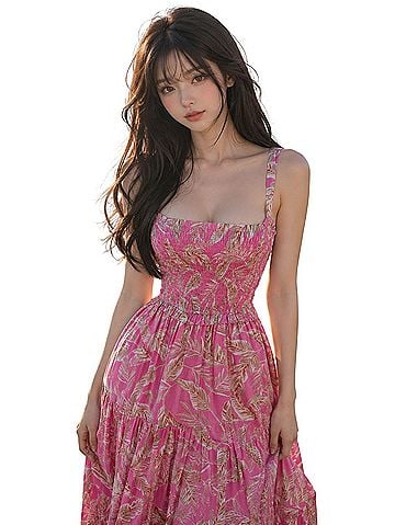 Impressions Amongst Golden Palms Seaside Wanderer smocked floral twirl maxi Casual Dress (view 1)