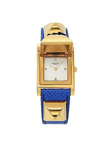 Hermès Hermes Medor Women's Watch, Pyramid Design, Gold Studs, White and Blue Leather Strap, Quartz Movement. (view 1)