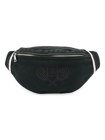 Chanel CHANEL Sport Line Coco Mark Waist Pouch Bag Body Racket Pattern Canvas Navy Blue White (view 2)
