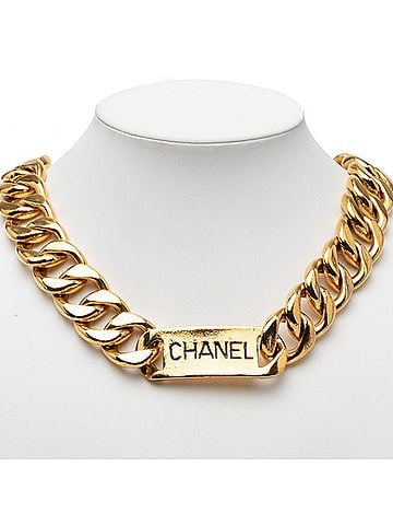 Chanel Chanel Logo Plate Chain Necklace, Gold Plated, Women's CHANEL (view 1)