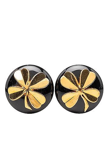 Chanel Chanel Clover Motif Vintage Round Earrings, 93A Stamped, Black Gold Plated Plastic, Women's CHANEL (view 1)