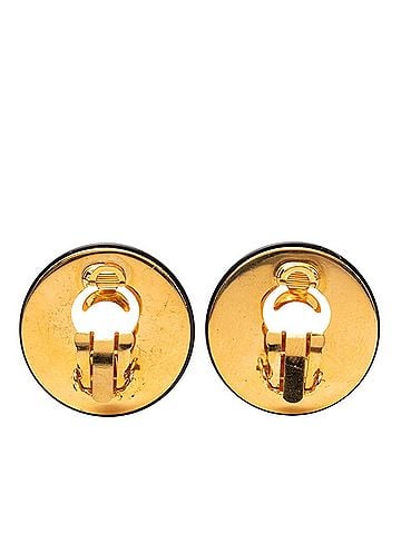 Chanel Chanel Clover Motif Vintage Round Earrings, 93A Stamped, Black Gold Plated Plastic, Women's CHANEL (view 2)