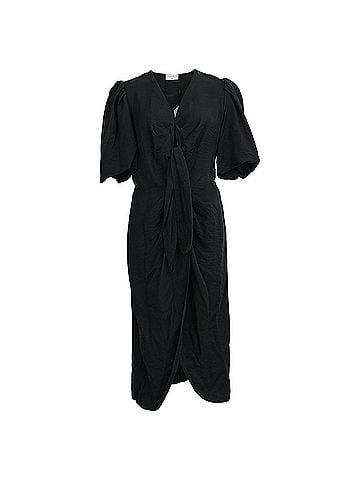 Sandro Sandro Puff Sleeve Tie Front Midi Dress in Black Linen (view 1)