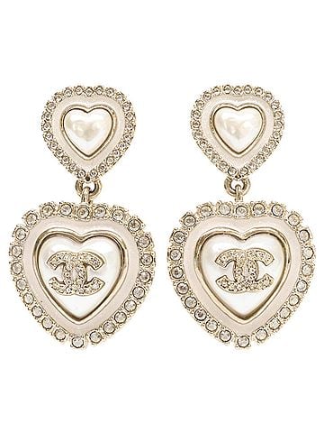 Chanel CHANEL C24A Rhinestone Coco Mark Double Heart Pearl Earrings, Champagne Gold, Women's (view 1)