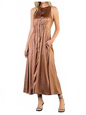 THML Landry Pleated Sleeveless Maxi Dress in Brown (view 2)