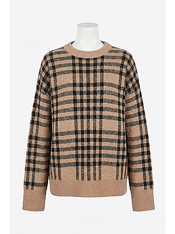 White + Warren Cashmere Plaid Crewneck Sweater in Camel/Black (view 1)