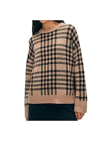 White + Warren Cashmere Plaid Crewneck Sweater in Camel/Black (view 2)