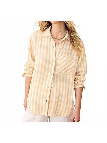 Marine Layer Jane Relaxed Linen Shirt in Yellow/White Stripe (view 2)