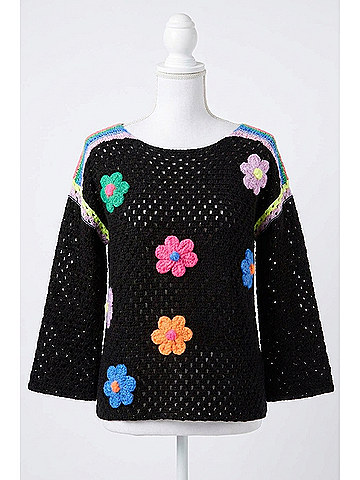 Davi & Dani Crochet Flower Patched Sweater in Black (view 1)