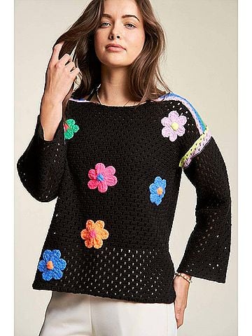Davi & Dani Crochet Flower Patched Sweater in Black (view 2)