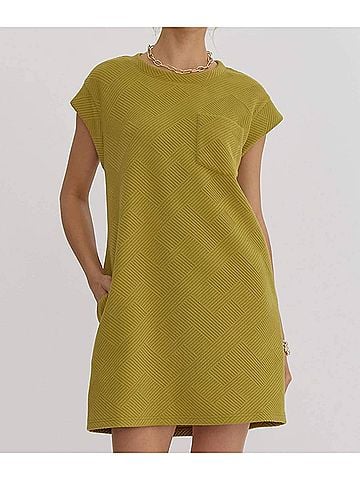 Entro Quilted Round Neck Sleeveless Mini Dress in Martini Olive (view 2)