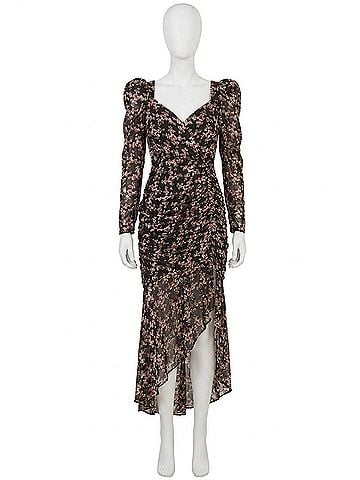 Astr Emmaline Floral Puff Sleeve Midi Dress in Black - Pink Burnout Floral (view 1)