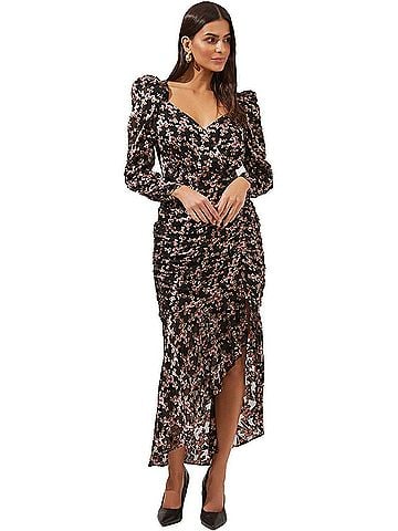 Astr Emmaline Floral Puff Sleeve Midi Dress in Black - Pink Burnout Floral (view 2)