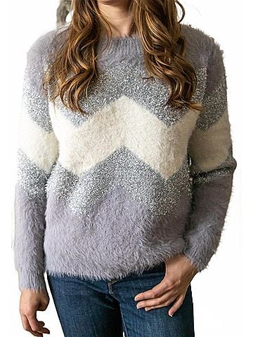 Fate Chevron Metalic Fuzzy Sweater in Grey (view 2)