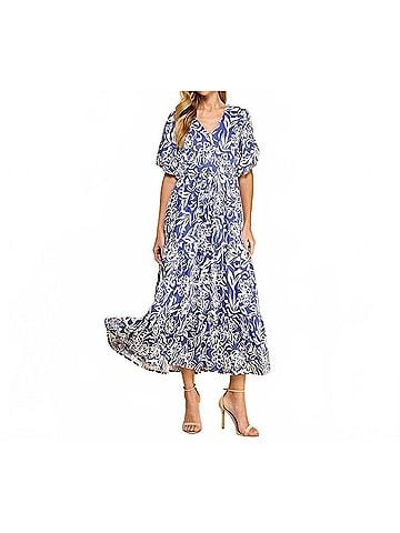 TCEC Abstract Floral Print Waist Tie Midi Dress in Blue (view 2)
