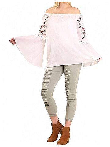 Umgee Embroidered Bell Sleeve Tunic in Off White (view 2)