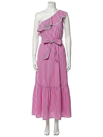 Skies Are Blue Striped One Shoulder Ruffle Midi Dress in Multi (view 1)
