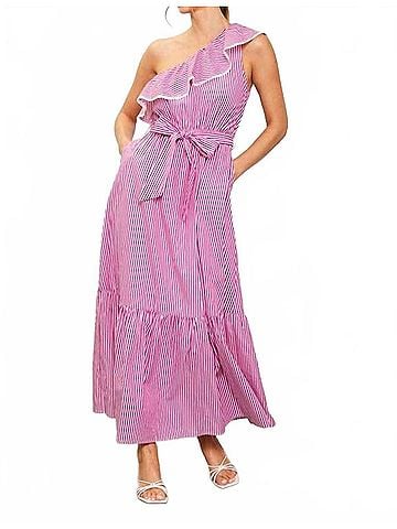 Skies Are Blue Striped One Shoulder Ruffle Midi Dress in Multi (view 2)