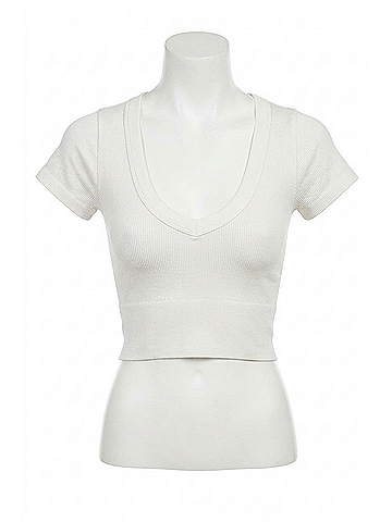 Nikibiki Seamless Ribbed V Neck Crop Tee in White (view 1)