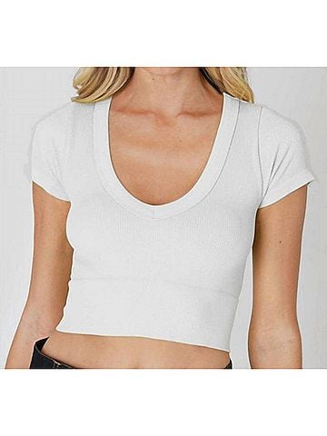 Nikibiki Seamless Ribbed V Neck Crop Tee in White (view 2)