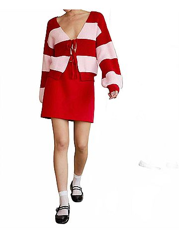Le Lis Dover Striped Cardigan in Pink & Red Stripes (view 2)