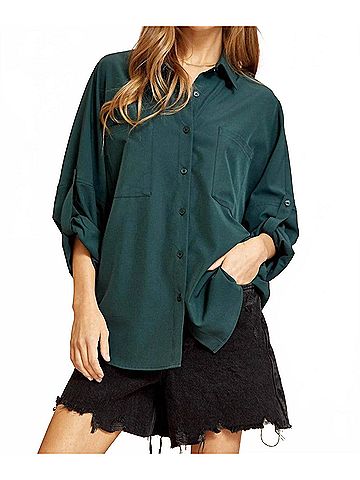 Andree by UNIT Takes Time Relaxed Button Down Shirt in Hunter Green (view 2)