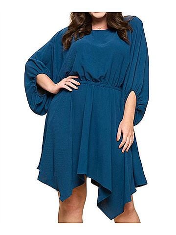 Oddi Solid Woven Boat Neckline Dress - Plus in Blue (view 2)
