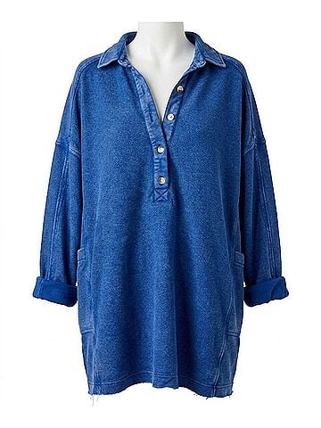 Free People Willow Polo Top in Rinsed Cobalt (view 1)