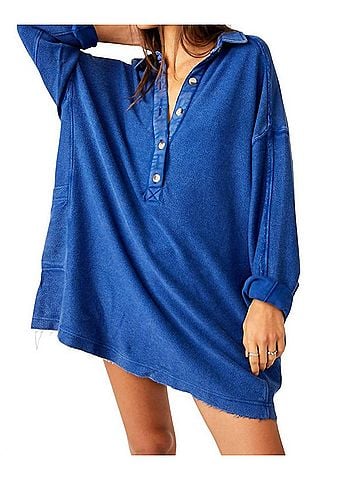 Free People Willow Polo Top in Rinsed Cobalt (view 2)