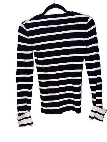 Theory Black and White Striped Ribbed Crewneck Sweater Pullover Sweater (view 2)
