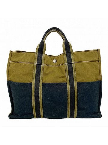 Hermès Hermes Fourre-Tout MM Canvas Tote Bag, Khaki/Black, Women's (view 1)