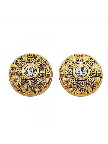 Chanel Chanel Earrings, Coco Mark Circle, GP Plated, Rhinestone, Gold, Women's (view 1)