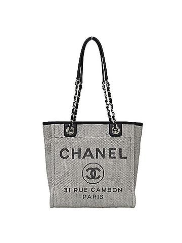 Chanel Chanel Deauville Tote PM Women's Handbag, Raffia, Gray, Silver Hardware, Chain (view 1)