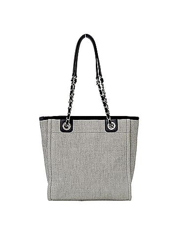 Chanel Chanel Deauville Tote PM Women's Handbag, Raffia, Gray, Silver Hardware, Chain (view 2)