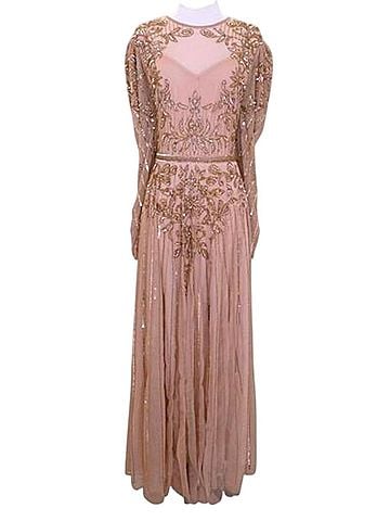 Mac Duggal Mac Duggal 93638 Beaded Illusion Long Sleeve Gown Nude Gold Size 20 Cocktail Dress (view 1)