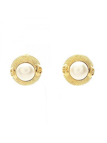 Chanel Chanel Coco Mark Earrings, Gold Plated (GP), Faux Pearl, Women's, Gold/White Tones (view 1)