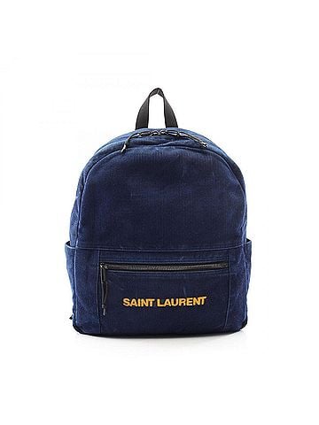 Saint Laurent Yves Saint Laurent Saint Laurent Paris logo embroidered backpack/handbag, corduroy, men's/women's, blue/yellow, 623696 (view 1)