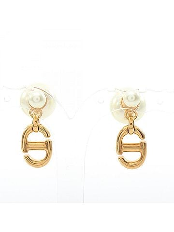 Christian Dior Christian Dior Dior Tribal CD Logo Earrings, Gold Plated (GP), Faux Pearl, Women's, Gold/White Tones (view 1)