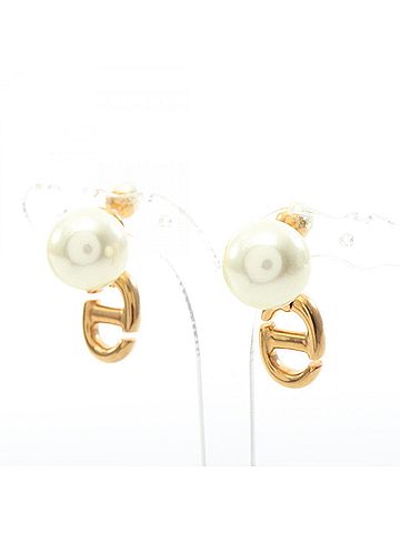 Christian Dior Christian Dior Dior Tribal CD Logo Earrings, Gold Plated (GP), Faux Pearl, Women's, Gold/White Tones (view 2)