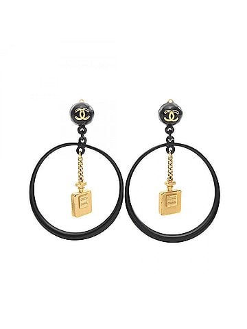 Chanel Chanel Coco Mark Perfume Bottle Motif Hoop Earrings, Gold Plated (GP), Women's, Black/Gold Tone (view 1)